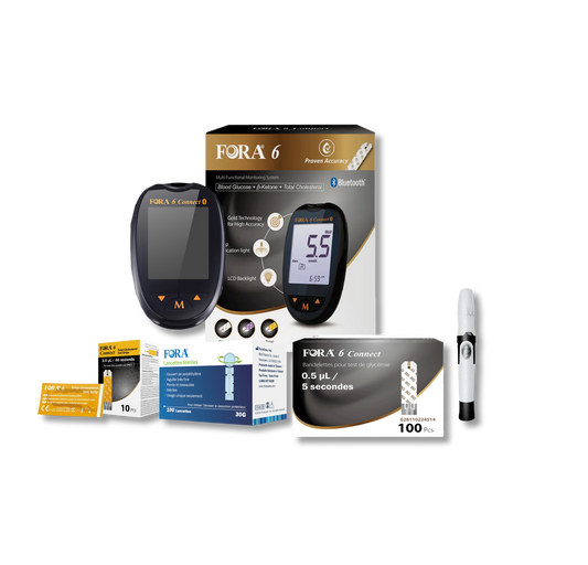 FORA 6 Connect Bluetooth Multi-Functional Monitoring System with glucose meter, lancing device, 100 test strips, cholesterol test strips, and sterile lancets. All-in-one kit for blood glucose, ketone, and total cholesterol monitoring.