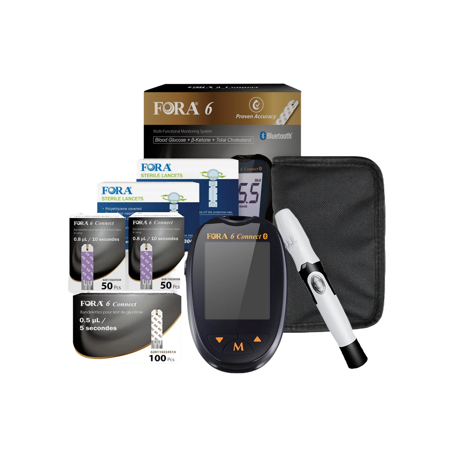 FORA 6 Connect Complete Monitoring Kit featuring a multi-functional meter for blood glucose, β-ketone, and total cholesterol testing. Includes Bluetooth-enabled meter, 100-count and 50-count test strips, sterile lancets, lancing device, and zippered carrying case. Designed for accurate and convenient at-home chronic condition management.