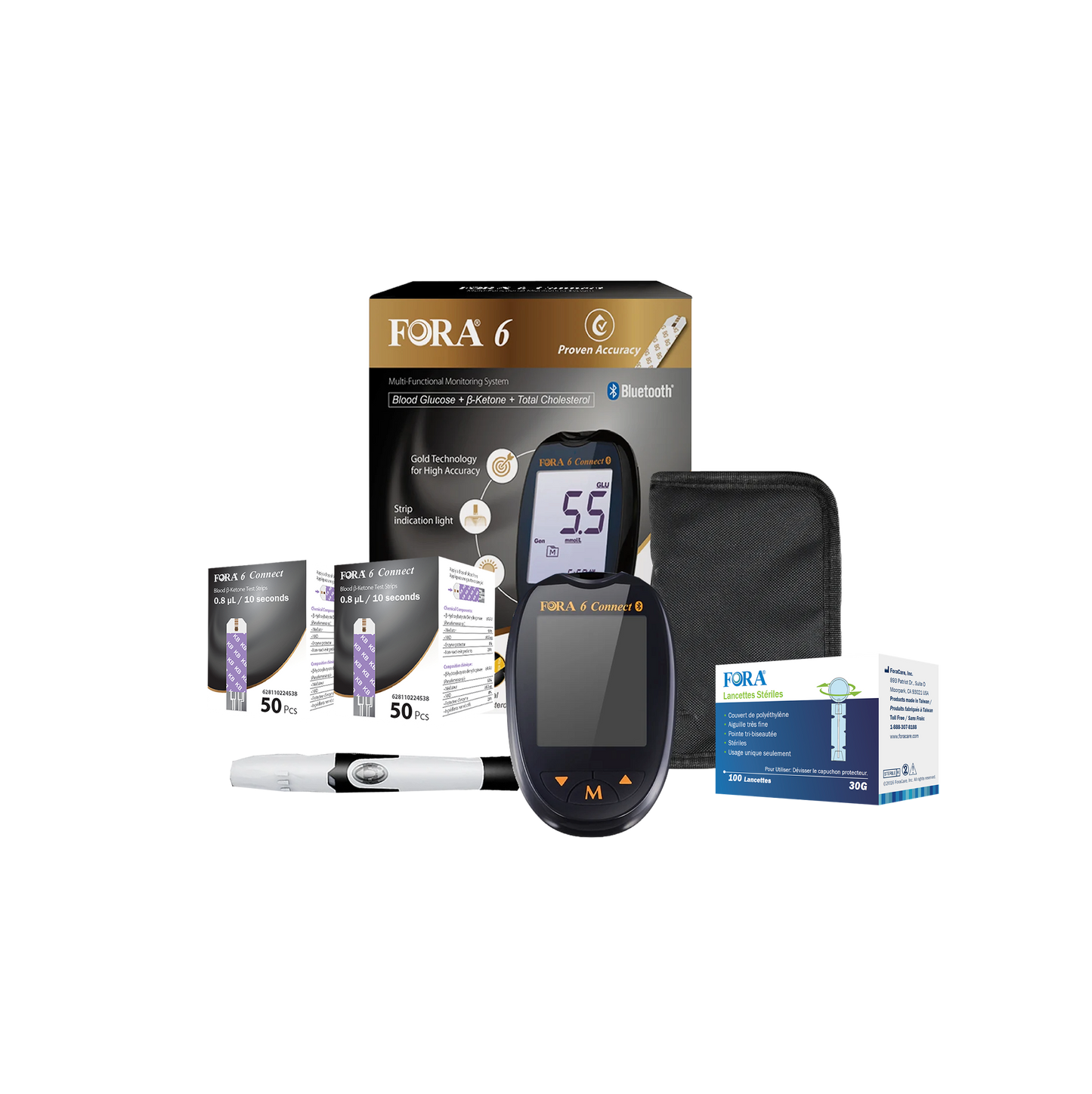 FORA 6 Connect Starter Kit with Bluetooth-enabled meter, 100-count lancets, two 50-count ketone strip boxes, one 100-count blood glucose strip box, lancing device, and carrying case. Designed for multi-parameter testing including blood glucose, β-ketone, and total cholesterol. Ideal for individuals managing chronic conditions or following GLP-1 and keto treatment plans.