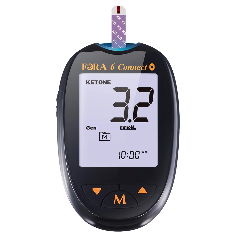 Close-up of the FORA 6 Connect meter showing a 3.2 mmol/L ketone result. A ketone strip labeled "KB" is inserted. The device features Bluetooth connectivity, a clear LCD backlight display, and one-button navigation for easy testing. Suitable for users tracking ketosis or monitoring weight-loss therapy.