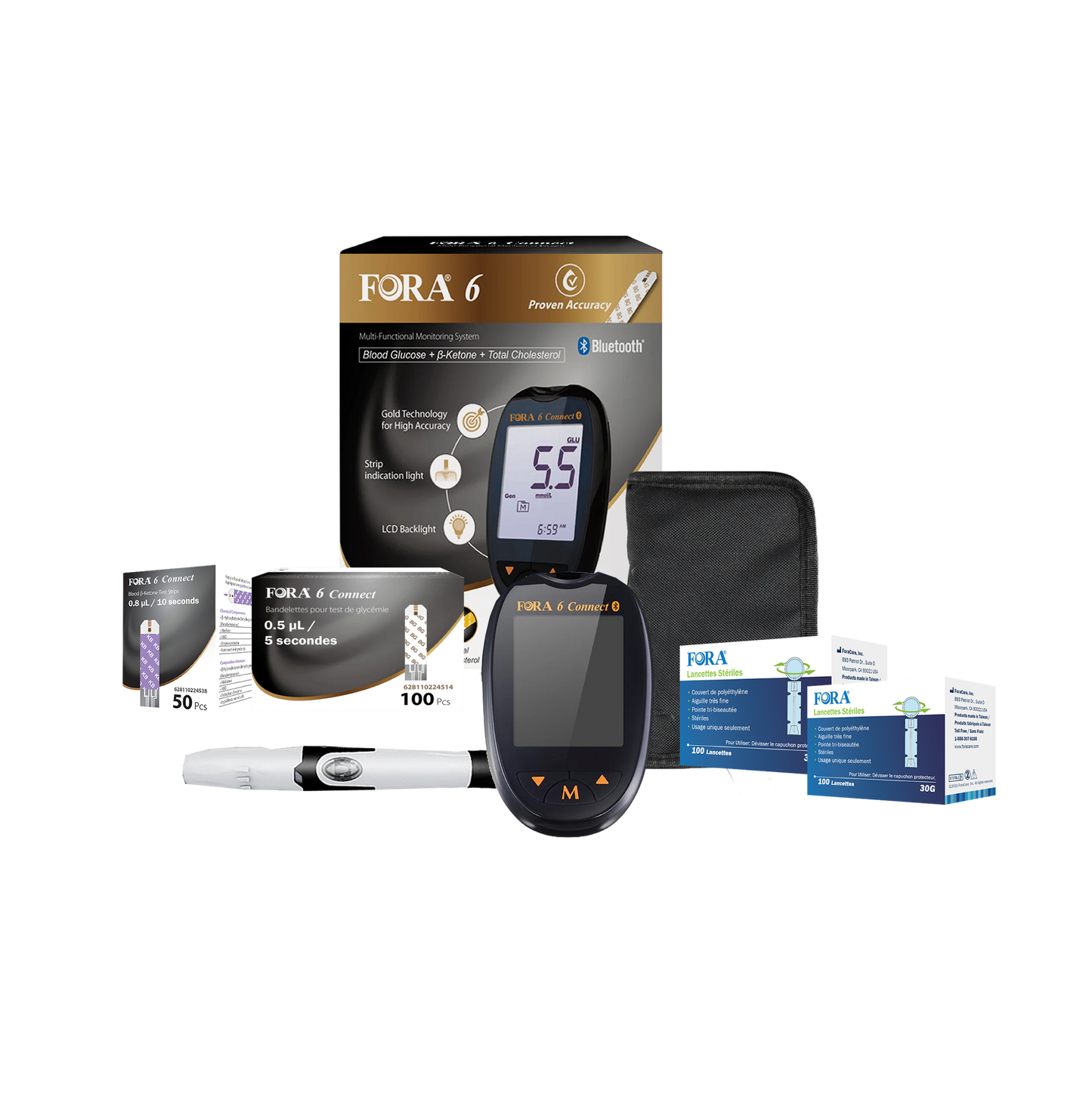 FORA 6 Connect Bluetooth multi-functional meter with strips and accessories, measuring blood glucose, ketone, and total cholesterol, proven accuracy for home health monitoring.