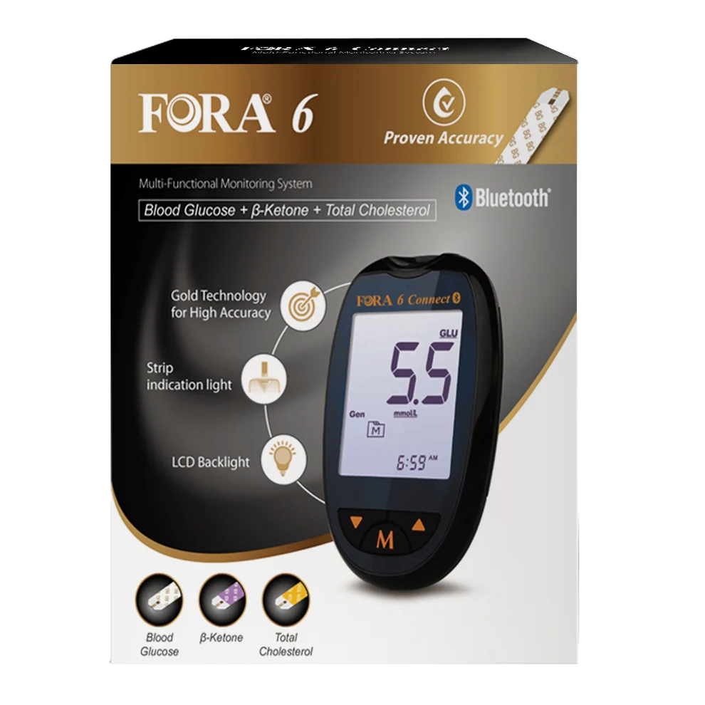 FORA 6 Connect meter retail packaging showing features: gold technology for accuracy, strip indication light, LCD backlight, and testing for blood glucose, ketone, and cholesterol.