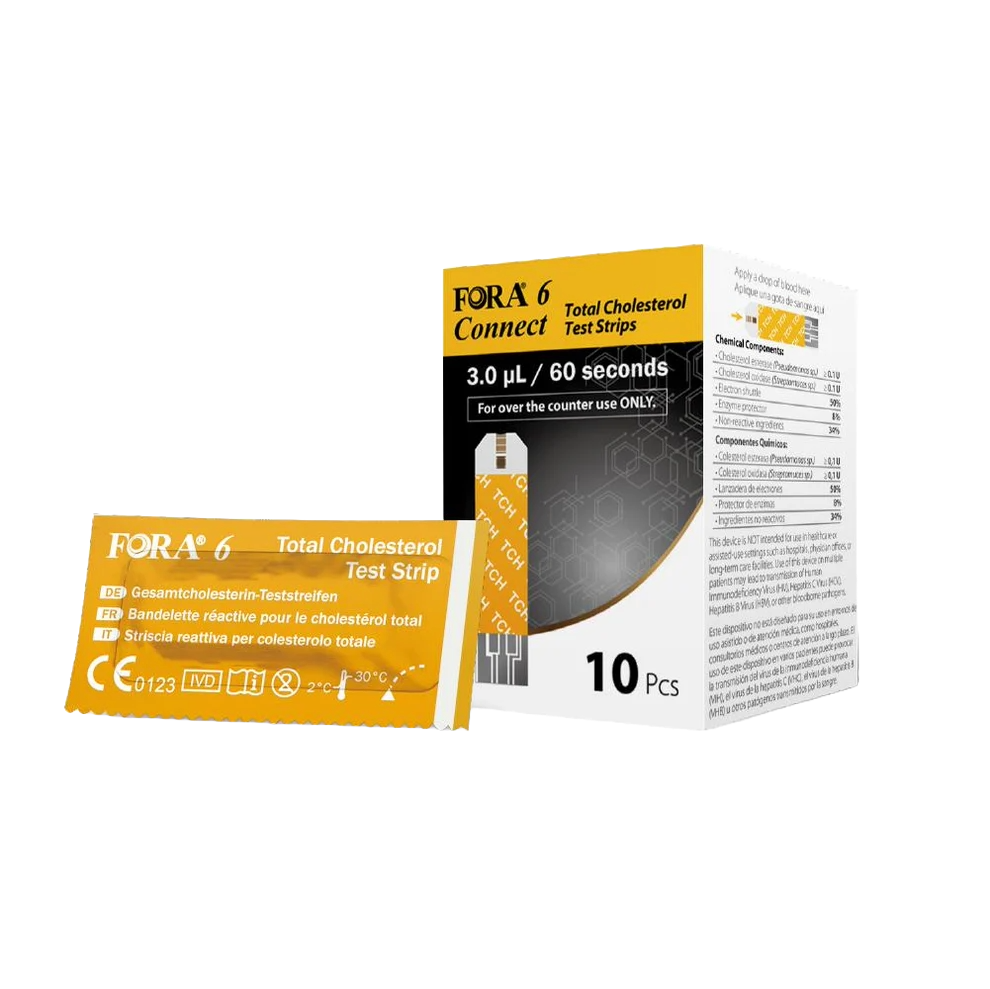 FORA 6 Connect Total Cholesterol Test Strips, 10-count box with 3.0 µL sample size and 60-second test time, used for at-home total cholesterol monitoring.