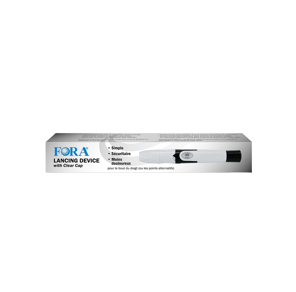 FORA lancing device with clear cap, designed for safe and simple fingertip or alternate site blood sampling, reducing pain for glucose testing.
