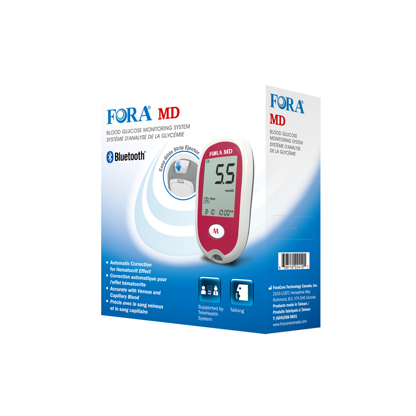FORA MD Bluetooth blood glucose monitoring system with red meter, 5.5 mmol/L display, talking function, telehealth support, and automatic hematocrit correction.