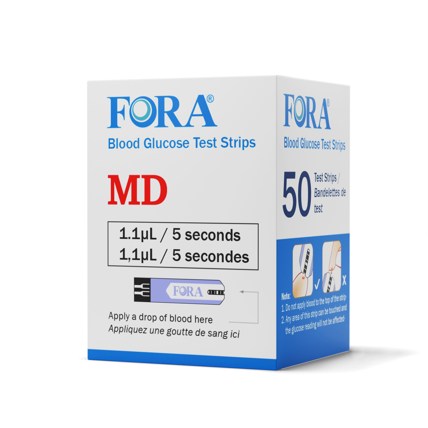 FORA MD blood glucose test strips, 50-count box, requires 1.1 µL blood sample with 5-second results, designed for accurate and reliable diabetes monitoring.