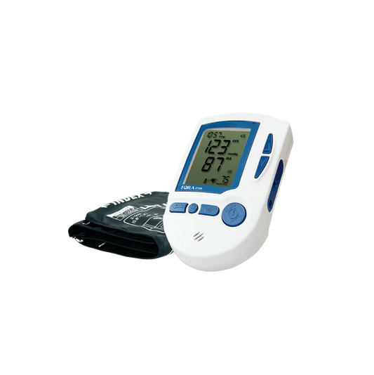 FORA P20 digital blood pressure monitor with cuff, large LCD display showing systolic 123, diastolic 87, and pulse 75.