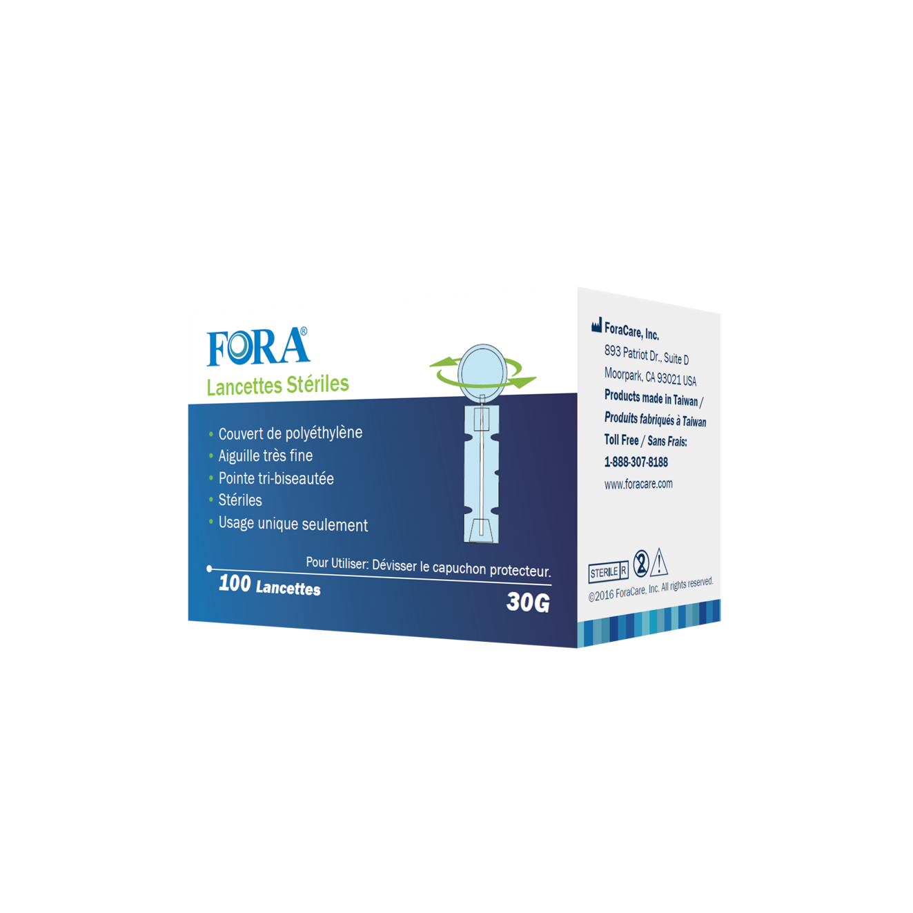 FORA sterile lancets 30G, 100-count box, ultra-fine tri-beveled needle with polyethylene cover, designed for single-use blood sampling with minimal pain.