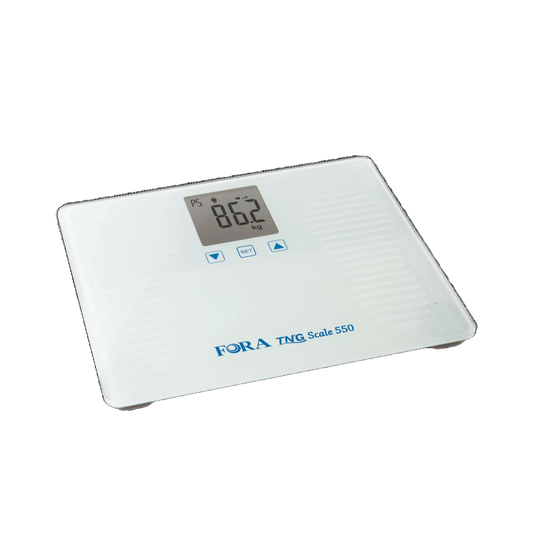 FORA TN’G Scale 550 digital Bluetooth weight scale, sleek glass design with LCD display.