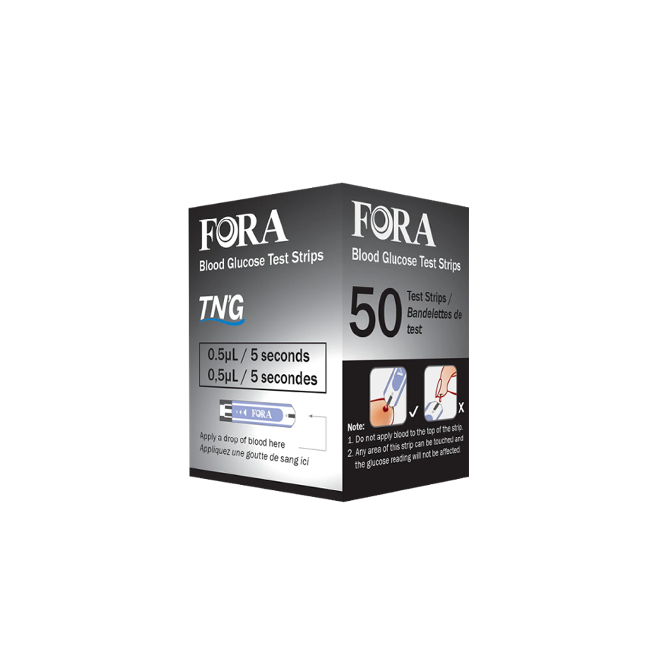 FORA TN'G Blood Glucose Test Strips, 50-count box, featuring 0.5 μL sample size and 5-second testing time. Designed for accurate glucose monitoring with user guidance on correct blood application.