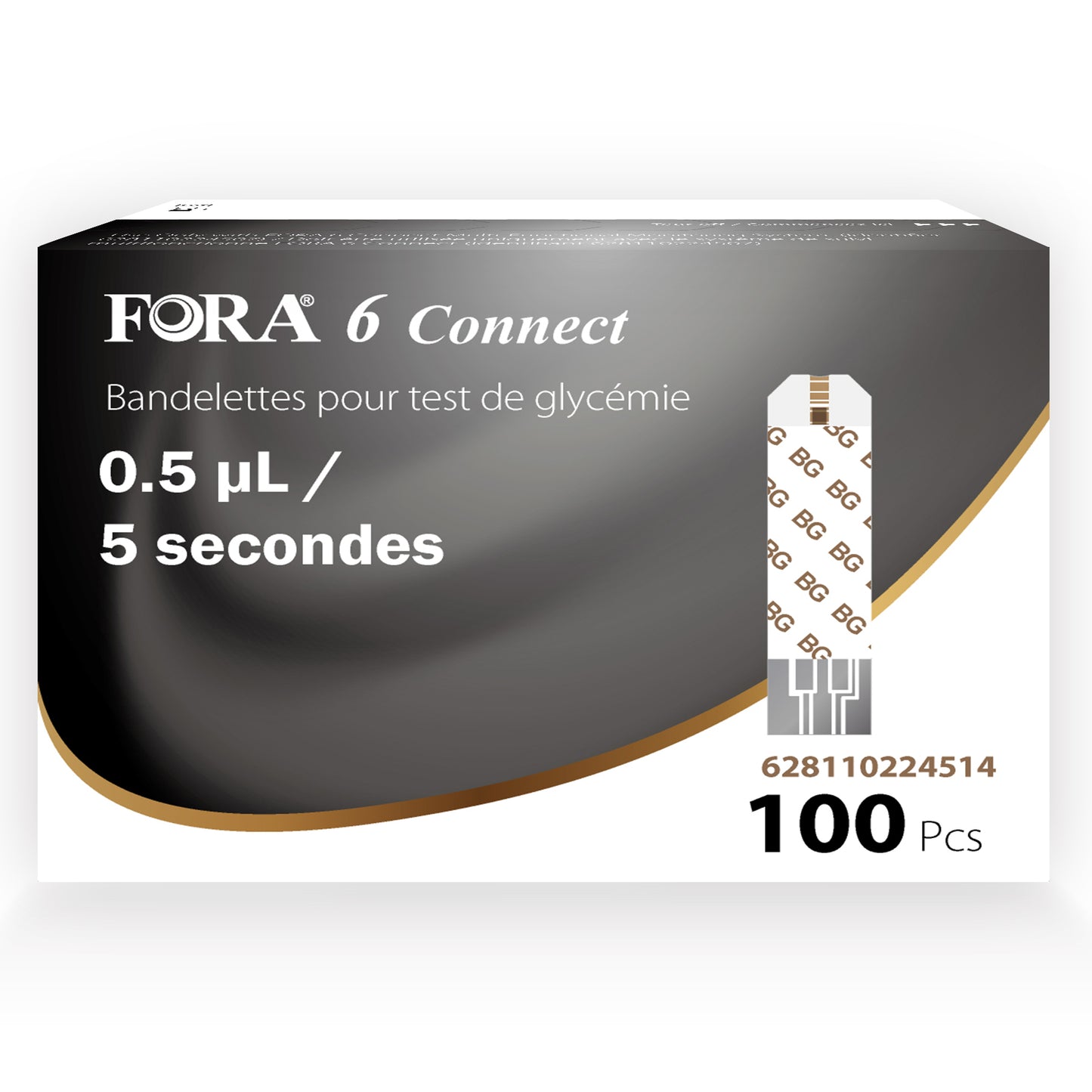 FORA 6 Connect 100-count glucose test strips, requiring only 0.5 µL blood sample with 5-second result time, designed for accurate home diabetes monitoring.