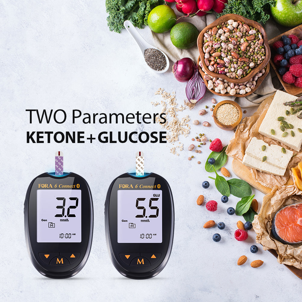 FORA 6 Connect blood ketone and glucose monitor displaying dual test results, shown with healthy food ingredients; emphasizes two-parameter measurement with Bluetooth connectivity.