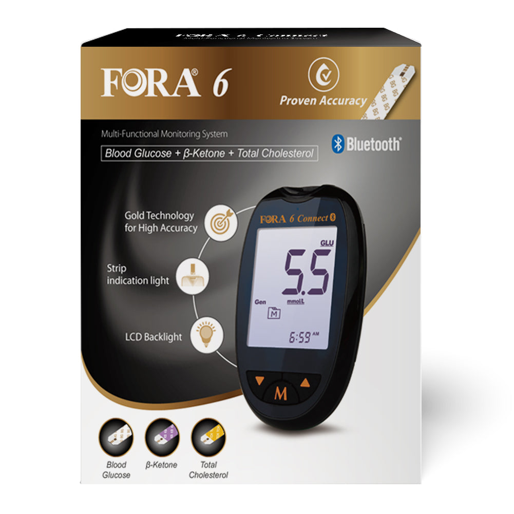 FORA 6 Connect multi-functional monitoring system with Bluetooth, LCD backlight, and gold strip technology, capable of measuring blood glucose, β-ketone, and total cholesterol.