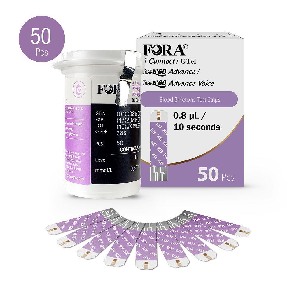 FORA 50-count blood β-ketone test strips, requiring 0.8 µL sample with 10-second result time, compatible with FORA meters for precise ketone monitoring.