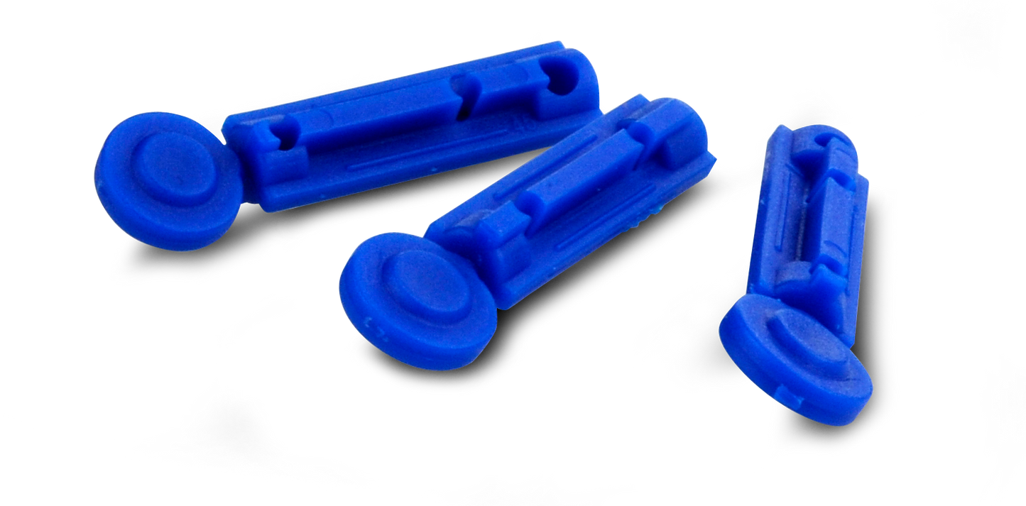 Close-up of FORA blue sterile lancets, round cap design, single-use, compatible with most standard lancing devices for blood sampling.