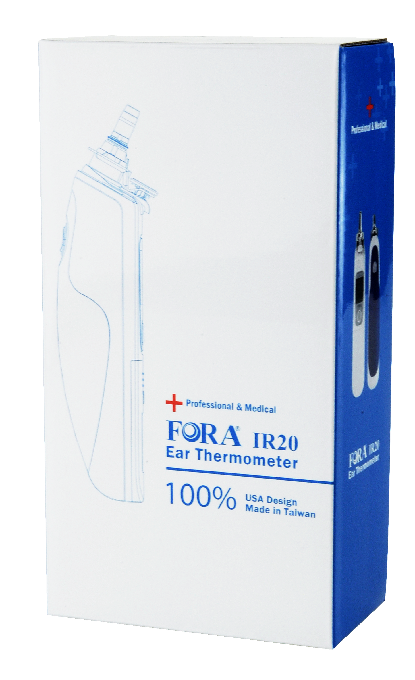 FORA IR20 ear thermometer retail box, professional medical-grade device with USA design, made in Taiwan.