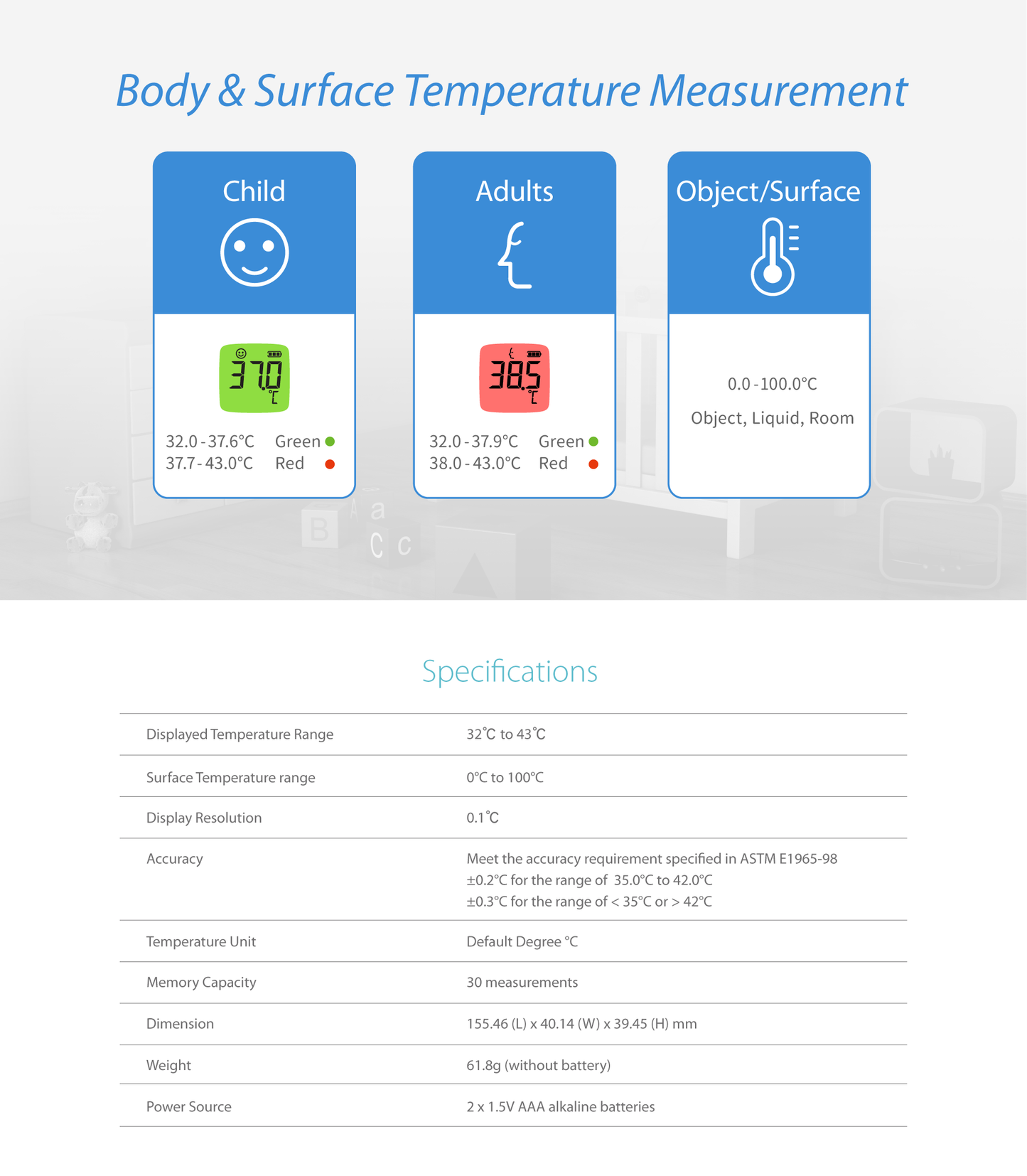 FORA IR42 thermometer specification chart for child, adult, and surface/object modes, displaying accuracy, memory, and technical details.