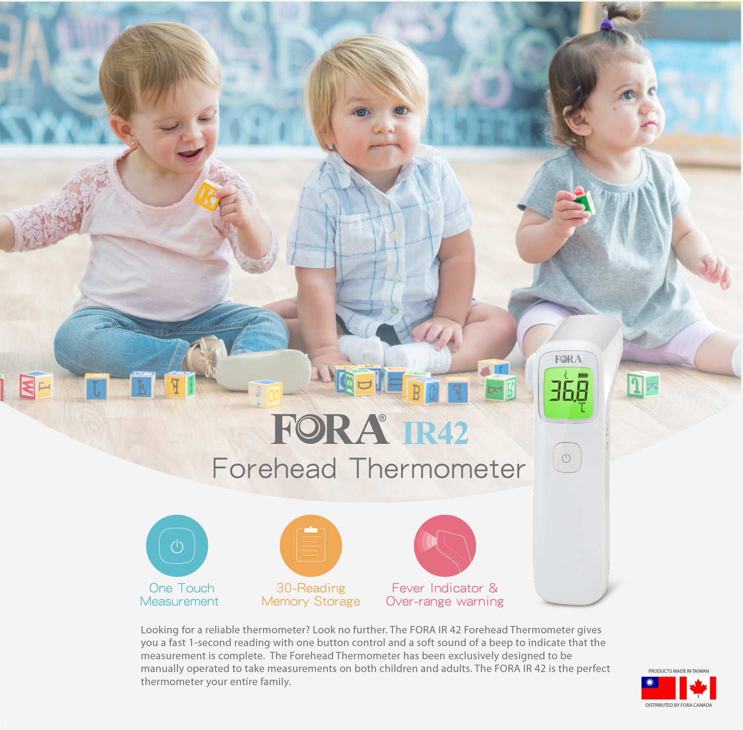 FORA IR42 forehead thermometer shown with children, featuring one-touch measurement, 30-reading memory, and fever indicator with over-range warning.