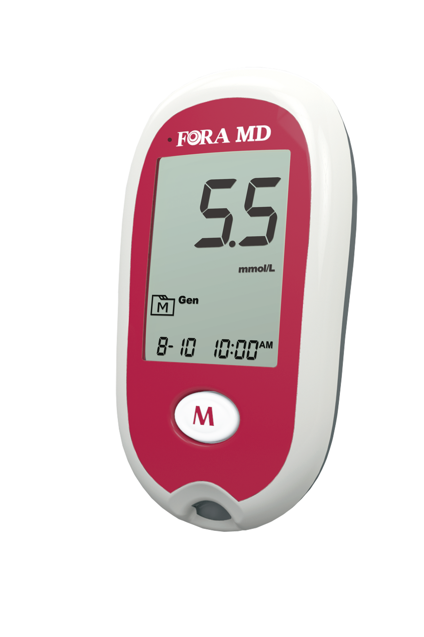 Close-up of FORA MD blood glucose meter in red and white, large LCD showing 5.5 mmol/L reading, single-button design for easy operation.