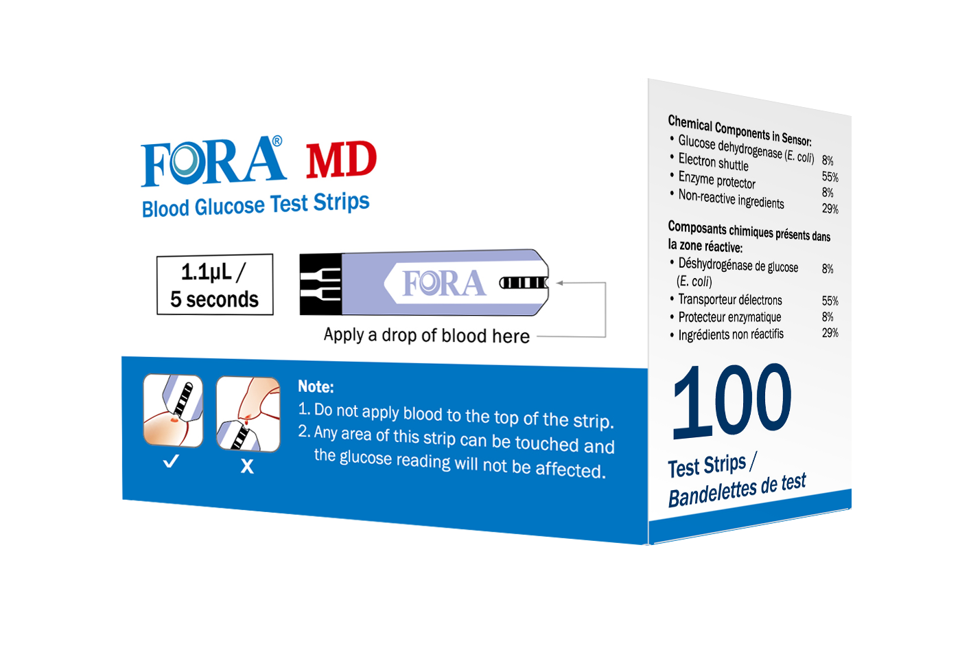 FORA MD glucose test strips, 100-count box, requires 1.1 µL blood sample with 5-second results, reliable enzyme technology for accurate diabetes monitoring.