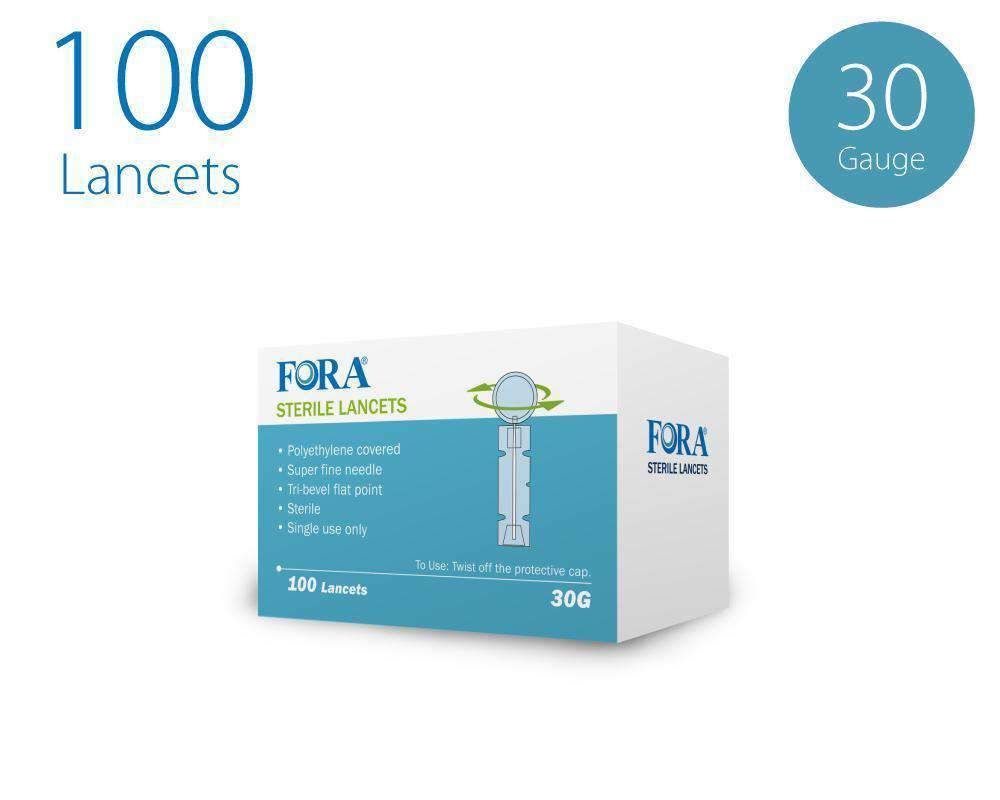 FORA sterile lancets, 30-gauge, 100-count box, ultra-fine tri-beveled needle with protective cap, single-use for safe blood sampling.