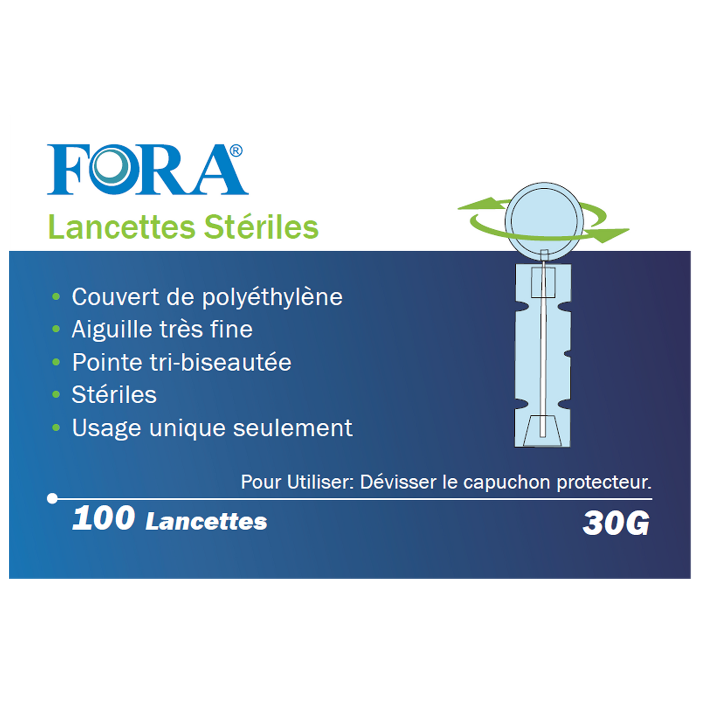 Close-up of FORA sterile lancets packaging showing features: polyethylene cover, ultra-fine tri-beveled needle, sterile and single-use, 100-count box for safe blood sampling.