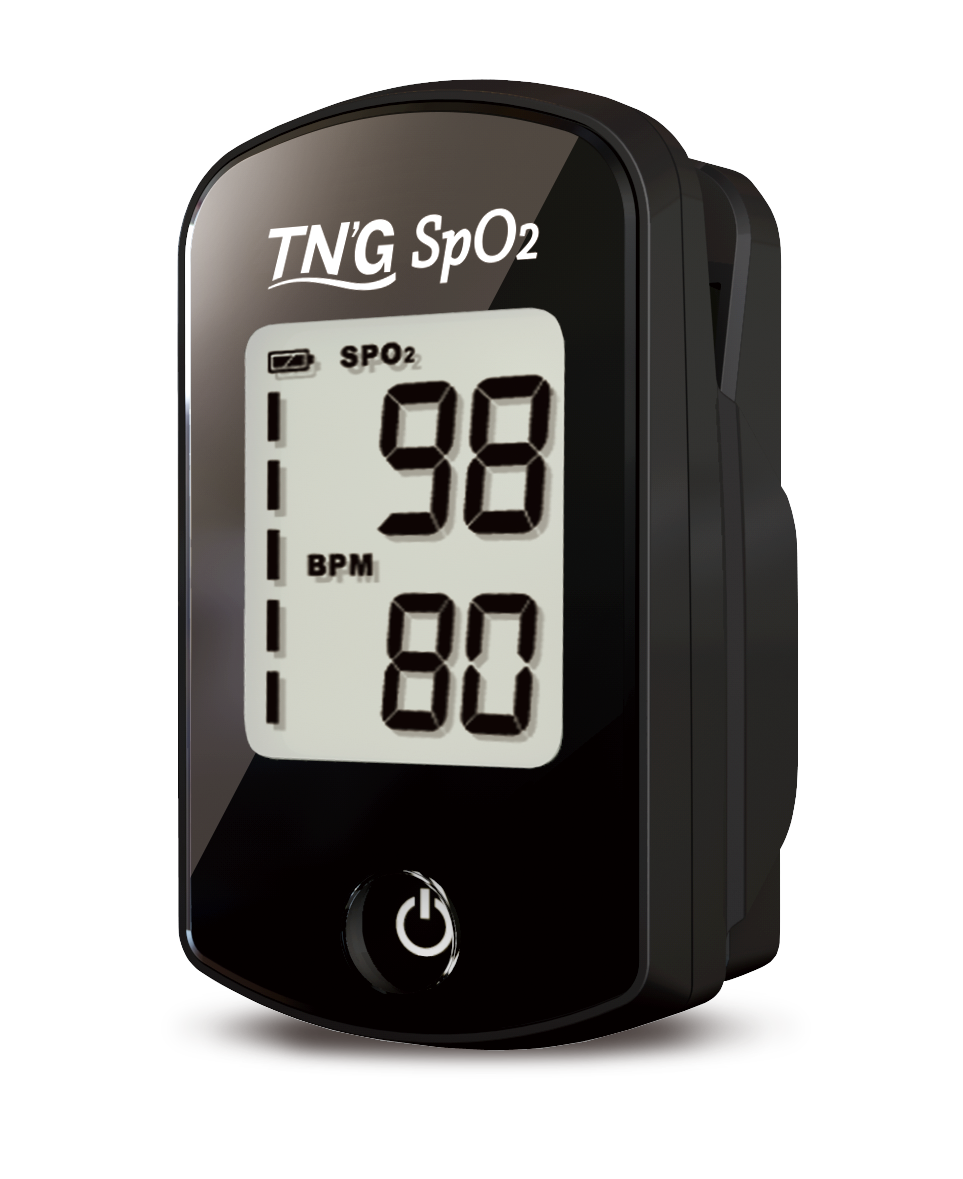 FORA TN’G SpO2 fingertip pulse oximeter in black, displaying SpO2 at 98% and pulse rate 80 BPM on large digital screen.