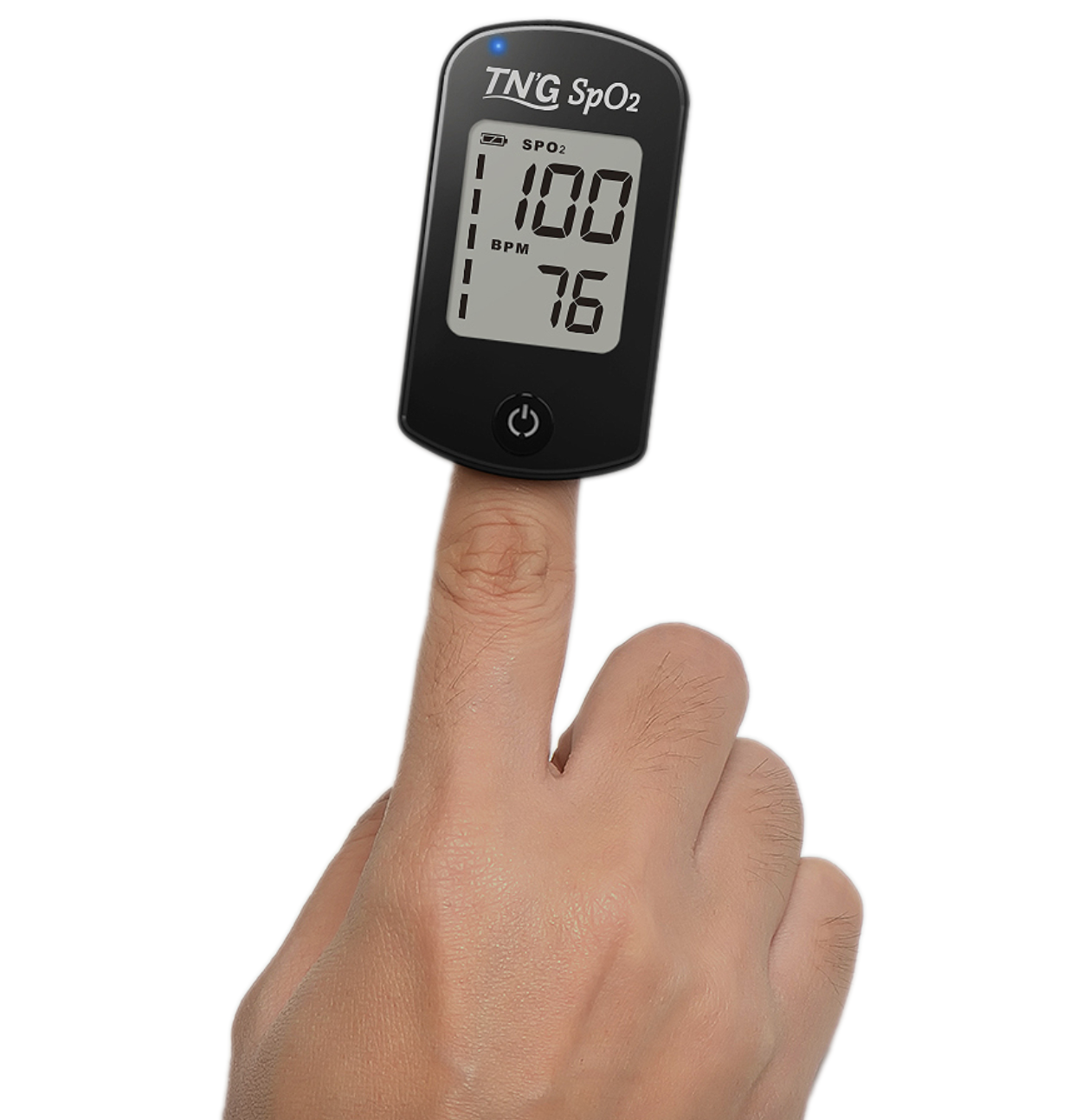 FORA TN’G SpO2 fingertip pulse oximeter placed on a finger, displaying oxygen saturation 100% and pulse rate 76 BPM for accurate home monitoring.