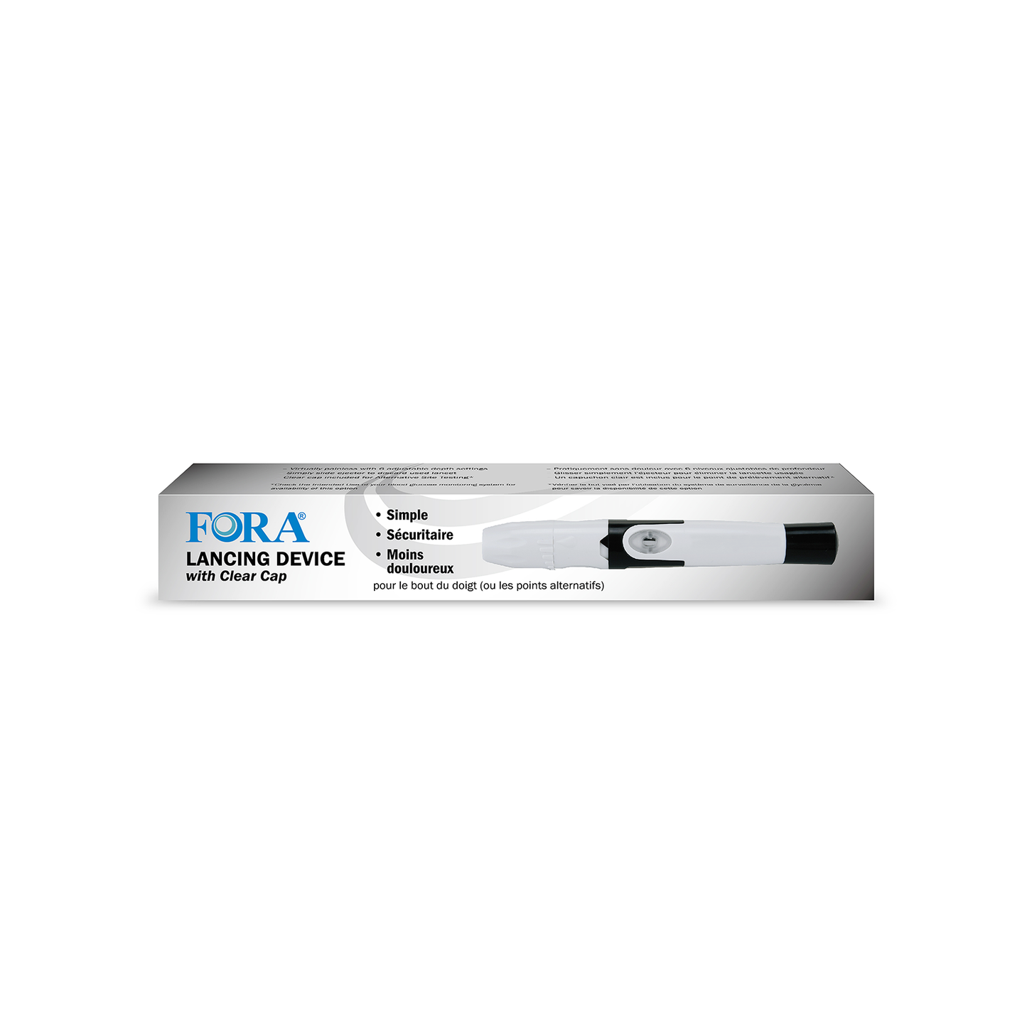 FORA lancing device with clear cap, designed for simple and less painful blood sampling from fingertip or alternate sites.