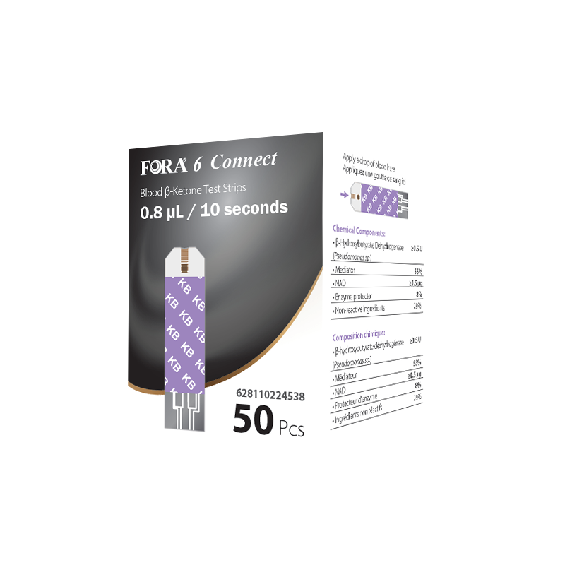 FORA 6 Connect ketone test strips, 50-count box, requires only 0.8 µL blood sample with 10-second result time, designed for accurate ketone monitoring in home health management.