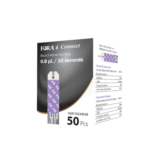 FORA 6 Connect ketone test strips, 50-count box, requires only 0.8 µL blood sample with 10-second result time, designed for accurate ketone monitoring in home health management.