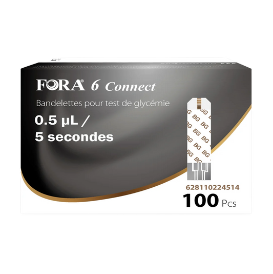 FORA 6 Connect glucose test strips, 100-count box, requires only 0.5 µL blood sample with 5-second results, designed for fast and accurate diabetes monitoring.