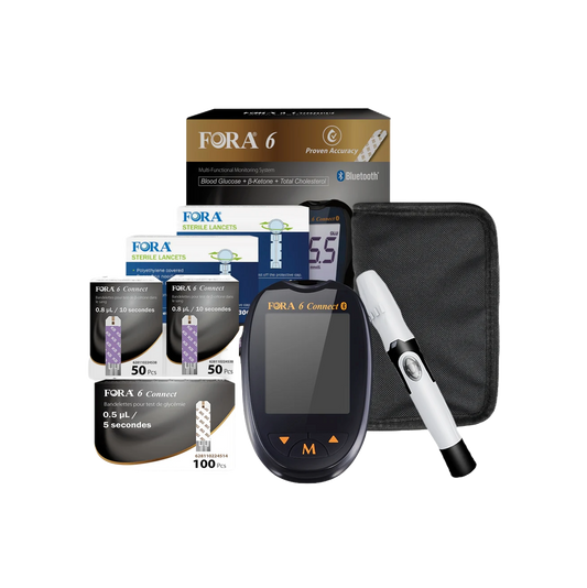 FORA 6 Connect Complete Monitoring Kit featuring a multi-functional meter for blood glucose, β-ketone, and total cholesterol testing. Includes Bluetooth-enabled meter, 100-count and 50-count test strips, sterile lancets, lancing device, and zippered carrying case. Designed for accurate and convenient at-home chronic condition management.