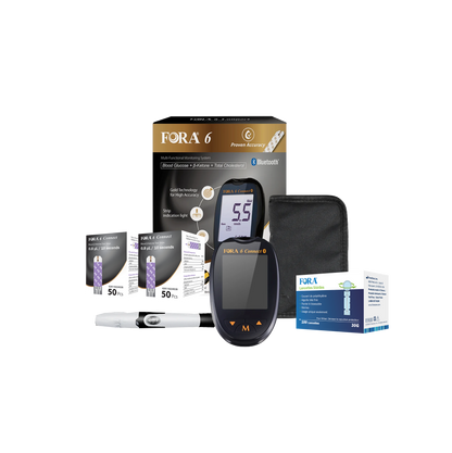 FORA 6 Connect Starter Kit with Bluetooth-enabled meter, 100-count lancets, two 50-count ketone strip boxes, one 100-count blood glucose strip box, lancing device, and carrying case. Designed for multi-parameter testing including blood glucose, β-ketone, and total cholesterol. Ideal for individuals managing chronic conditions or following GLP-1 and keto treatment plans.