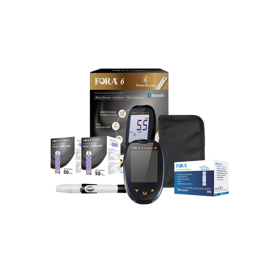 FORA 6 Connect Starter Kit with Bluetooth-enabled meter, 100-count lancets, two 50-count ketone strip boxes, one 100-count blood glucose strip box, lancing device, and carrying case. Designed for multi-parameter testing including blood glucose, β-ketone, and total cholesterol. Ideal for individuals managing chronic conditions or following GLP-1 and keto treatment plans.