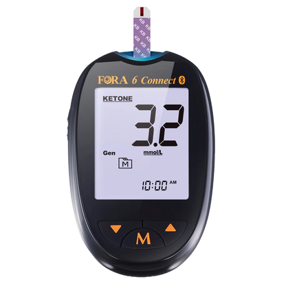 Close-up of the FORA 6 Connect meter showing a 3.2 mmol/L ketone result. A ketone strip labeled "KB" is inserted. The device features Bluetooth connectivity, a clear LCD backlight display, and one-button navigation for easy testing. Suitable for users tracking ketosis or monitoring weight-loss therapy.