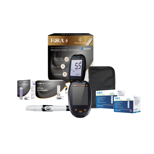 FORA 6 Connect Bluetooth multi-functional meter with strips and accessories, measuring blood glucose, ketone, and total cholesterol, proven accuracy for home health monitoring.