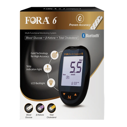 FORA 6 Connect meter retail packaging showing features: gold technology for accuracy, strip indication light, LCD backlight, and testing for blood glucose, ketone, and cholesterol.