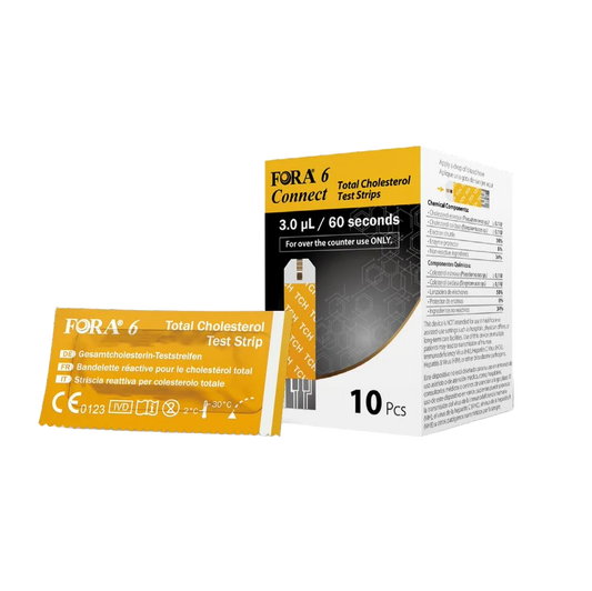 FORA 6 Connect Total Cholesterol Test Strips, 10-count box with 3.0 µL sample size and 60-second test time, used for at-home total cholesterol monitoring. 