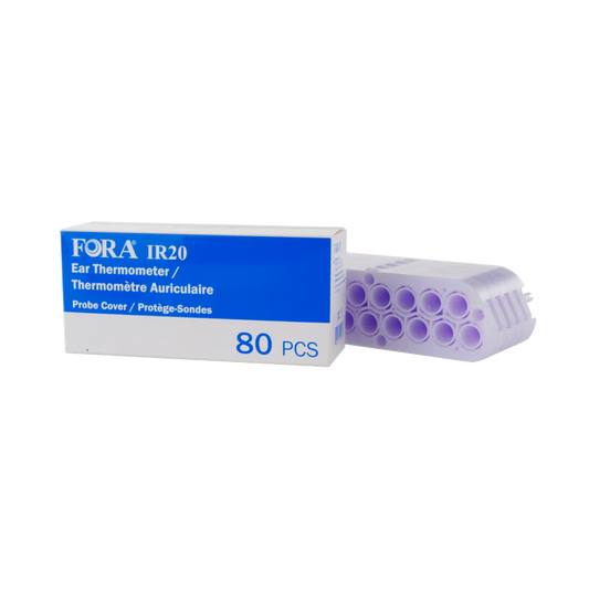 FORA IR20 ear thermometer probe covers, 80-count box, hygienic disposable design for accurate and safe ear temperature measurement.