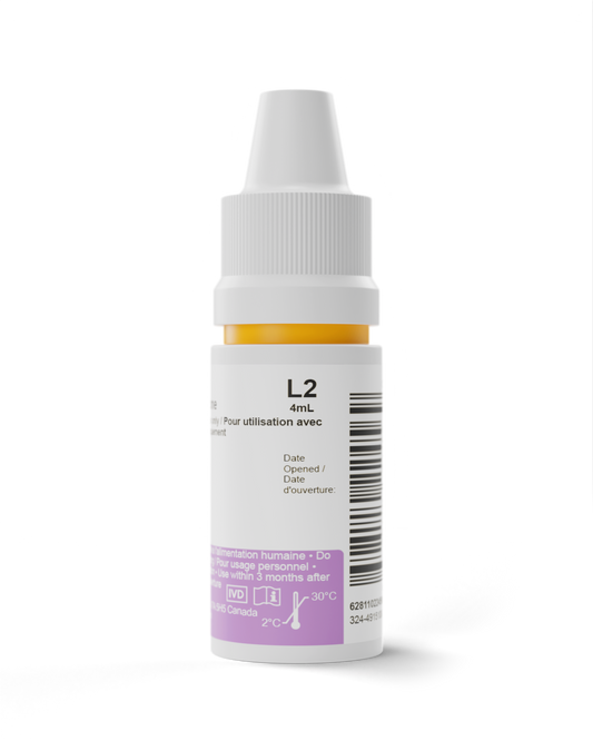 FORA Level 2 (L2) Control Solution, 4mL bottle for use with blood glucose and ketone test strips; used to ensure meter accuracy during quality control checks.