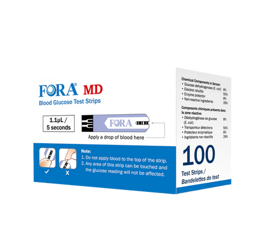 FORA MD blood glucose test strips, 100-count box, requires 1.1 µL blood sample with 5-second results, designed for accurate and reliable diabetes monitoring.