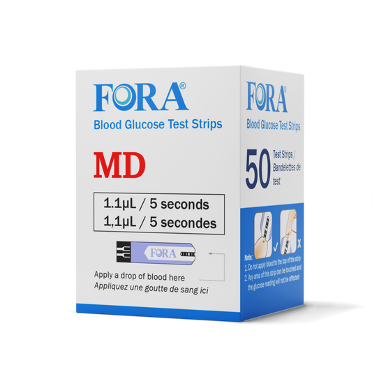 FORA MD blood glucose test strips, 50-count box, requires 1.1 µL blood sample with 5-second results, designed for accurate and reliable diabetes monitoring.