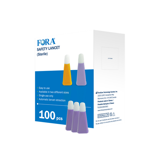 FORA sterile safety lancets, 100-count box, available in two sizes, single-use only with automatic lancet retraction for safe and easy blood sampling.