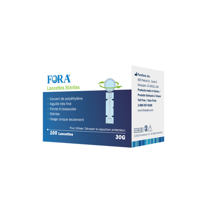 FORA sterile lancets 30G, 100-count box, ultra-fine tri-beveled needle with polyethylene cover, designed for single-use blood sampling with minimal pain.