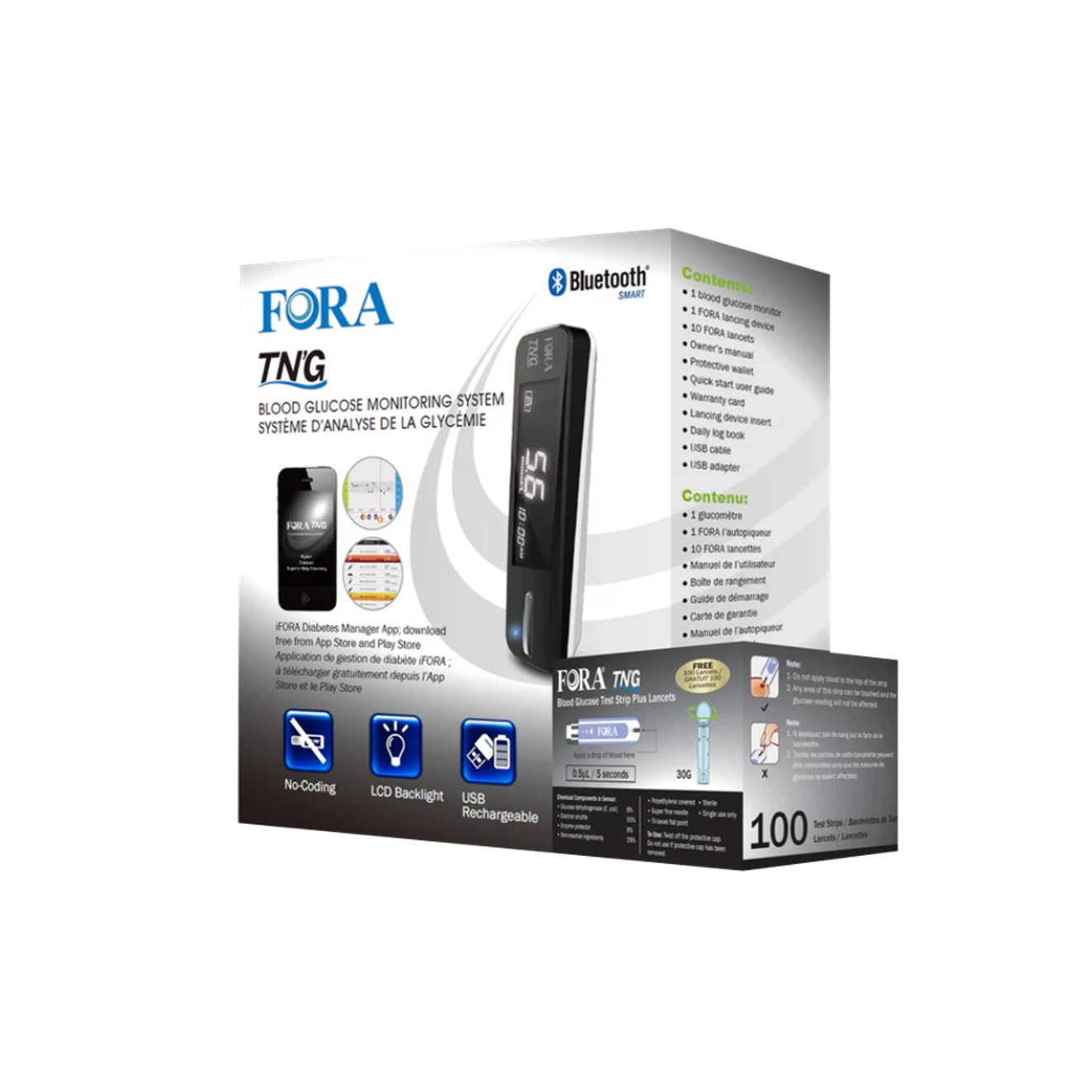 FORA TN’G Bluetooth Smart blood glucose monitoring system with test strips and lancets, USB rechargeable meter with LCD backlight and diabetes management app compatibility.