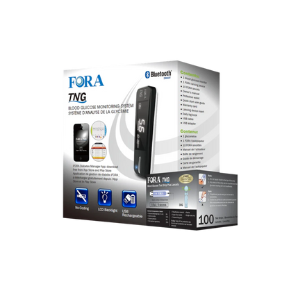 FORA TN’G Bluetooth Smart blood glucose monitoring system with test strips and lancets, USB rechargeable meter with LCD backlight and diabetes management app compatibility.