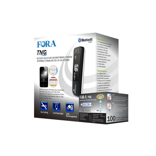 FORA TN’G Bluetooth Smart blood glucose monitoring system with test strips and lancets, USB rechargeable meter with LCD backlight and diabetes management app compatibility.