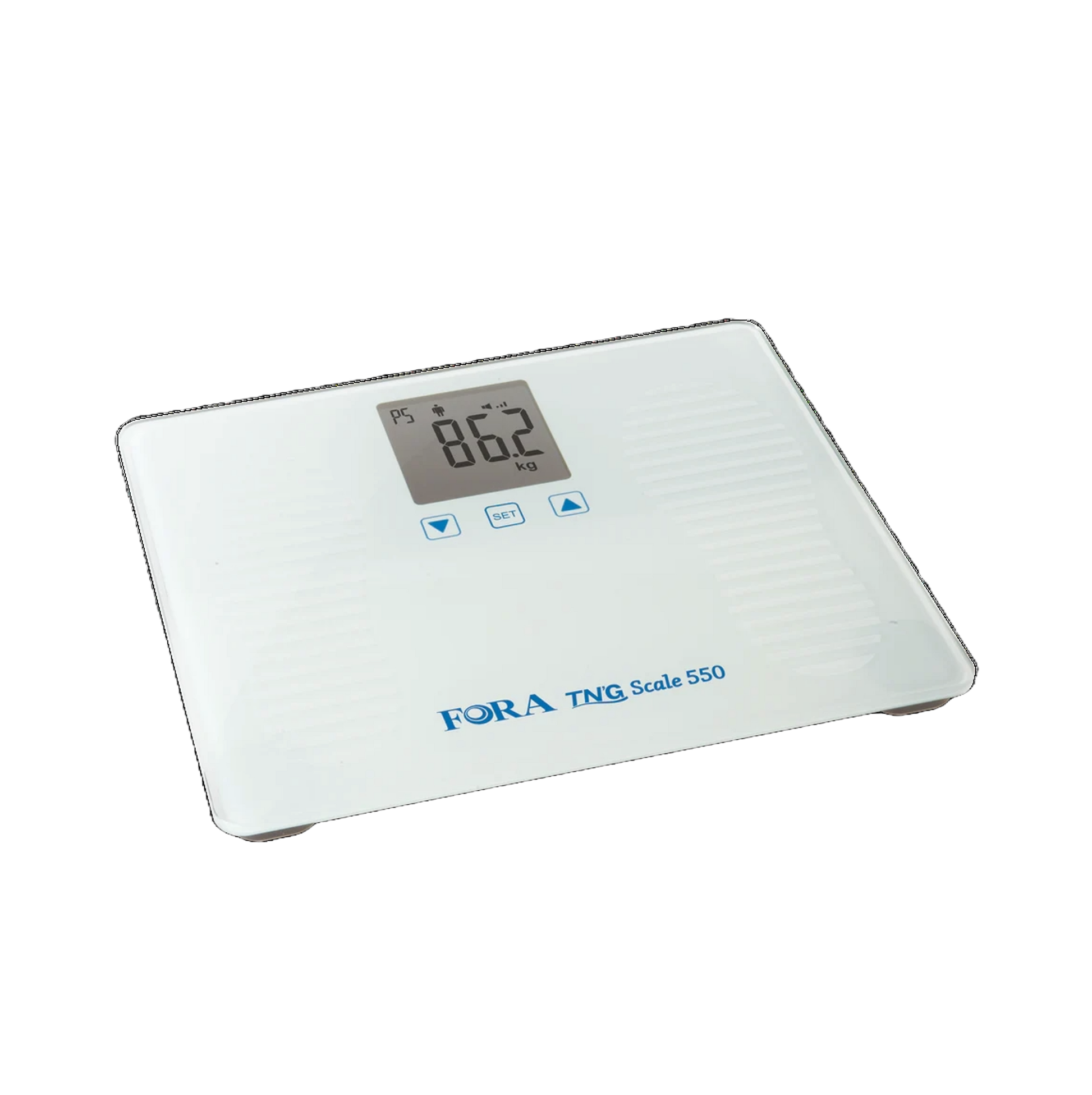 FORA TN’G Scale 550 digital Bluetooth weight scale, sleek glass design with LCD display.