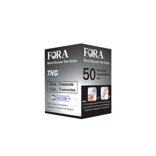 FORA TN'G Blood Glucose Test Strips, 50-count box, featuring 0.5 μL sample size and 5-second testing time. Designed for accurate glucose monitoring with user guidance on correct blood application.